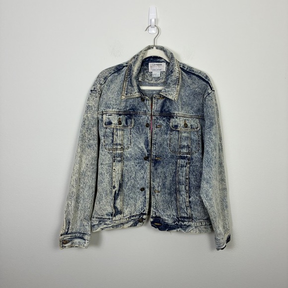 Vintage Jackets & Blazers - Vintage Mirage Las Vegas Acid Wash Denim Jacket Women's Large Neon Retro 90s